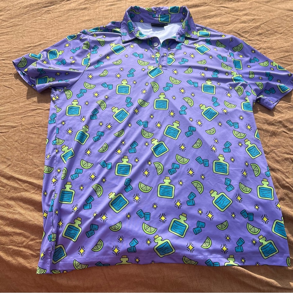 Sunday Swagger “Shots” Purple/Lime Fun Print Golf Polo Size Large